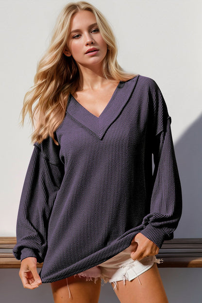 Double Take Exposed Seam Ribbed Textured V-Neck Long Sleeve T-Shirt us.meeeshop - Shirts & Tops