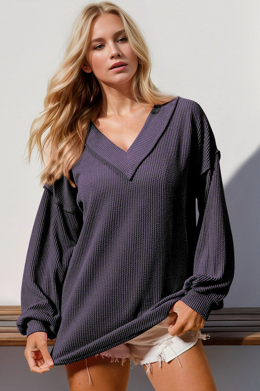 Double Take Exposed Seam Ribbed Textured V-Neck Long Sleeve T-Shirt us.meeeshop - Shirts & Tops