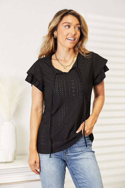 Double Take Eyelet Tie-Neck Flutter Sleeve Blouse us.meeeshop - Shirts & Tops