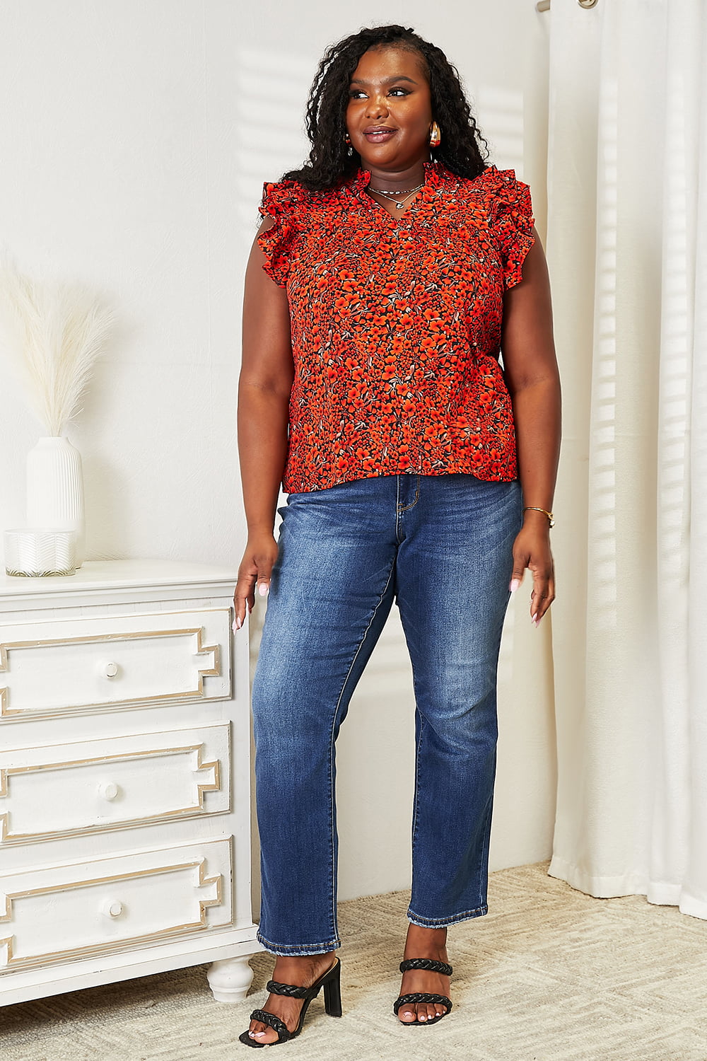 Double Take Floral Flutter Sleeve Notched Neck Blouse | us.meeeshop