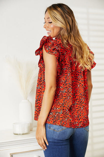 Double Take Floral Flutter Sleeve Notched Neck Blouse us.meeeshop - 