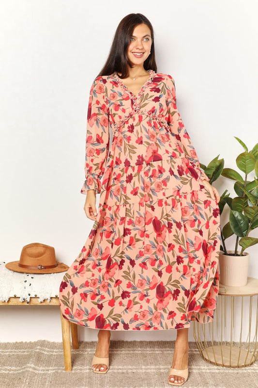 Double Take Floral Frill Trim Flounce Sleeve Plunge Maxi Dress | us.meeeshop