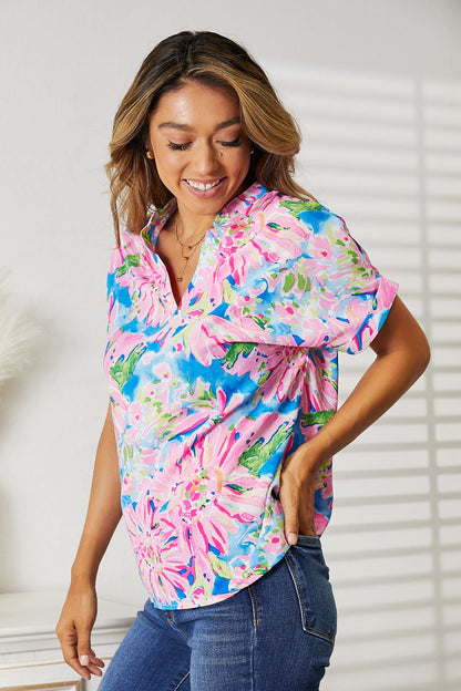 Double Take Floral Notched Neck Short Sleeve Top | us.meeeshop