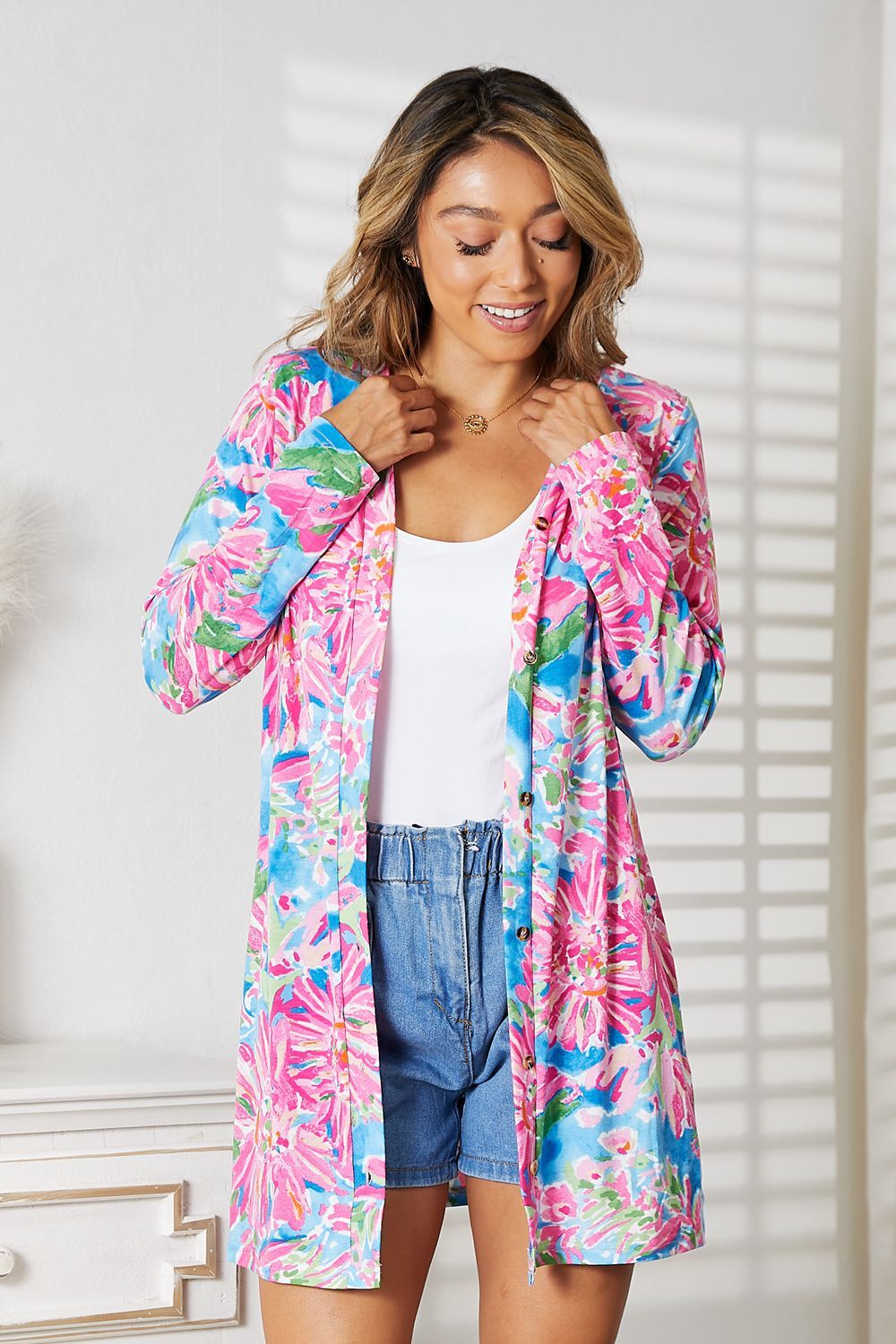 Double Take Floral Open Front Long Sleeve Cardigan us.meeeshop - 