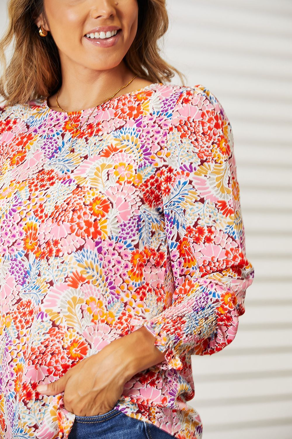 Double Take Floral Print Long Puff Sleeve Blouse us.meeeshop - 