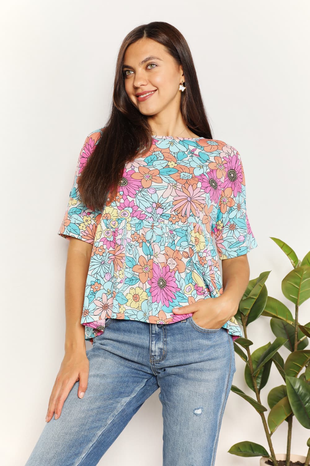 Double Take Floral Round Neck Babydoll Top | us.meeeshop