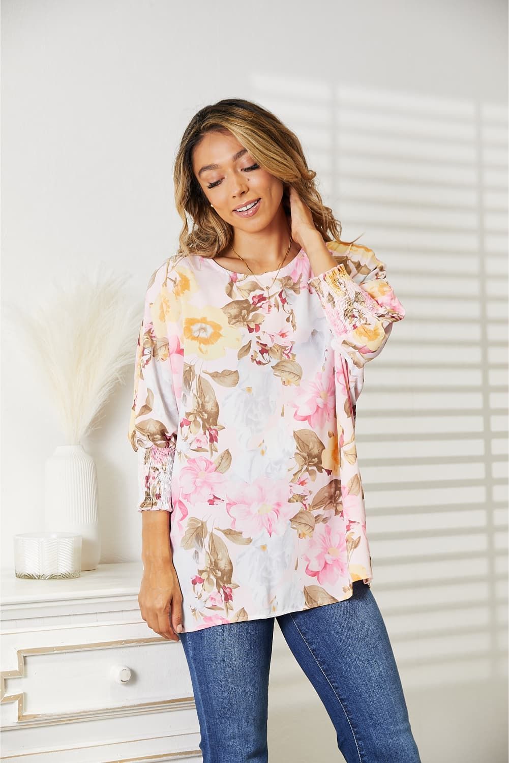 Double Take Floral Round Neck Three-Quarter Sleeve Top us.meeeshop - 