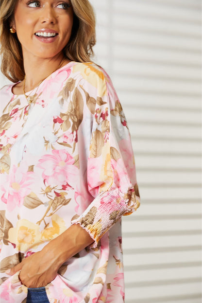 Double Take Floral Round Neck Three-Quarter Sleeve Top | us.meeeshop