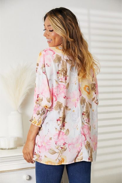 Double Take Floral Round Neck Three-Quarter Sleeve Top us.meeeshop - 