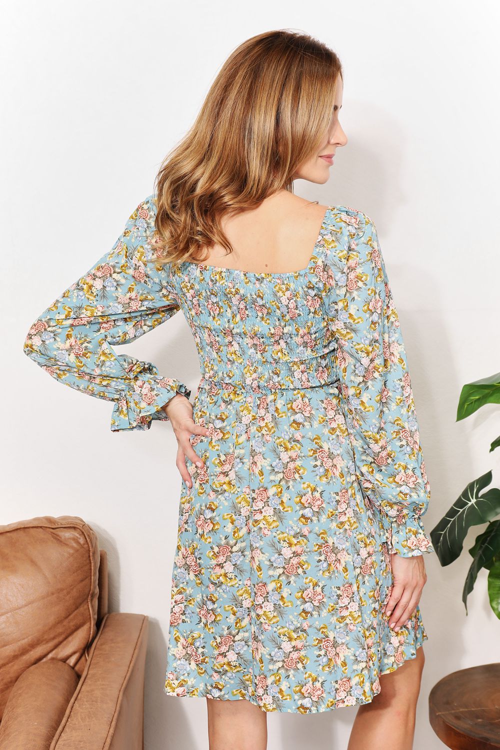 Double Take Floral Smocked Flounce Sleeve Square Neck Dress | us.meeeshop