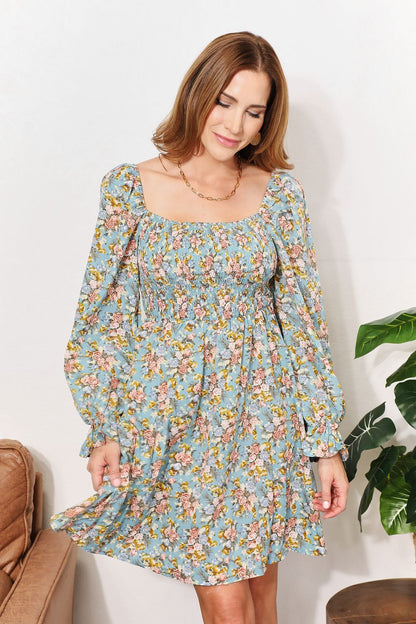 Double Take Floral Smocked Flounce Sleeve Square Neck Dress | us.meeeshop