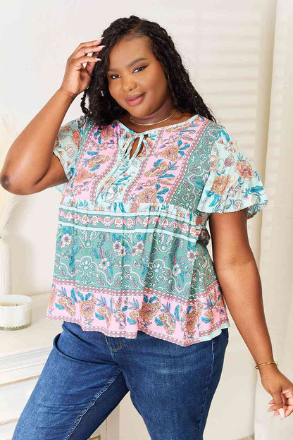 Double Take Floral Tie Neck Short Sleeve Blouse | us.meeeshop