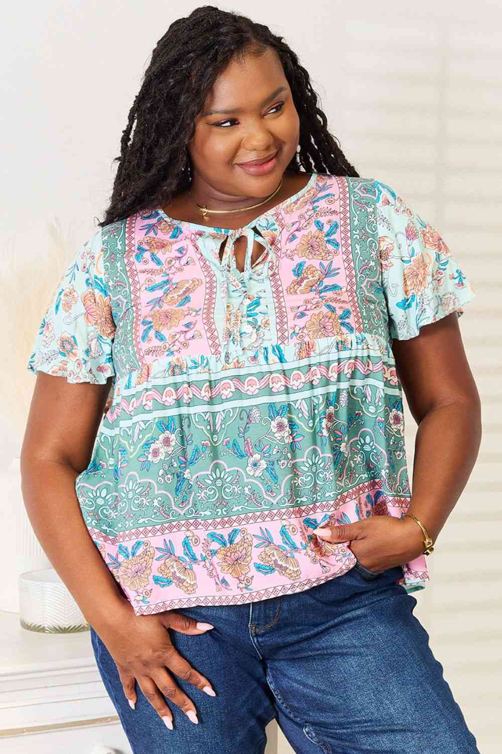 Double Take Floral Tie Neck Short Sleeve Blouse | us.meeeshop
