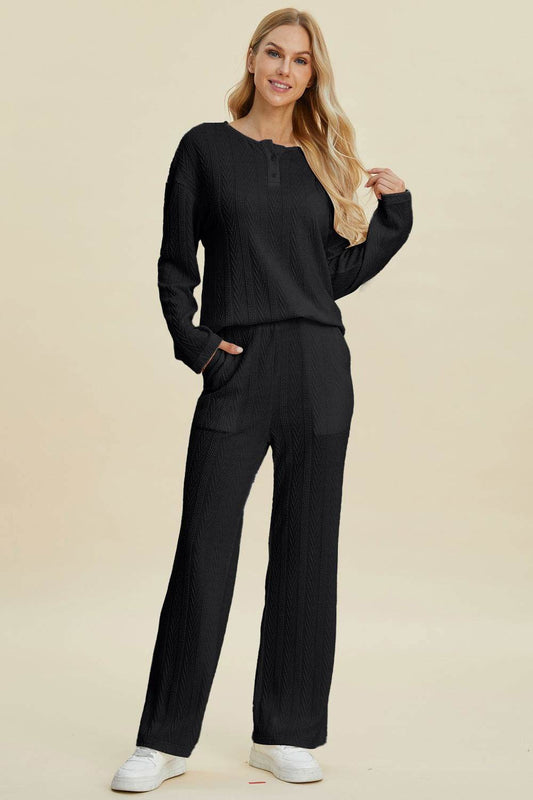 Double Take Full Size Cable-Knit Long Sleeve Top and Pants Set - us.meeeshop