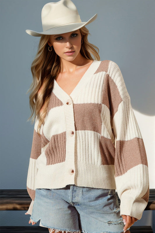 Double Take Full Size Checkered Dropped Shoulder Cardigan us.meeeshop - Shirts & Tops