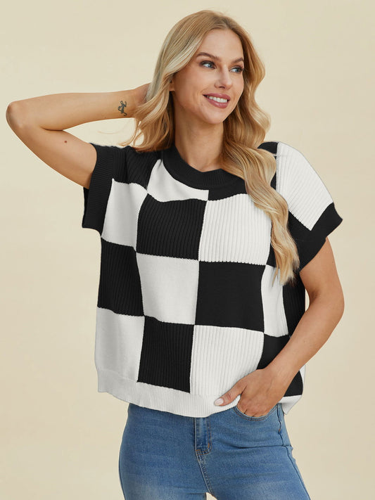 Double Take Full Size Checkered Round Neck Short Sleeve Sweater us.meeeshop - Shirts & Tops