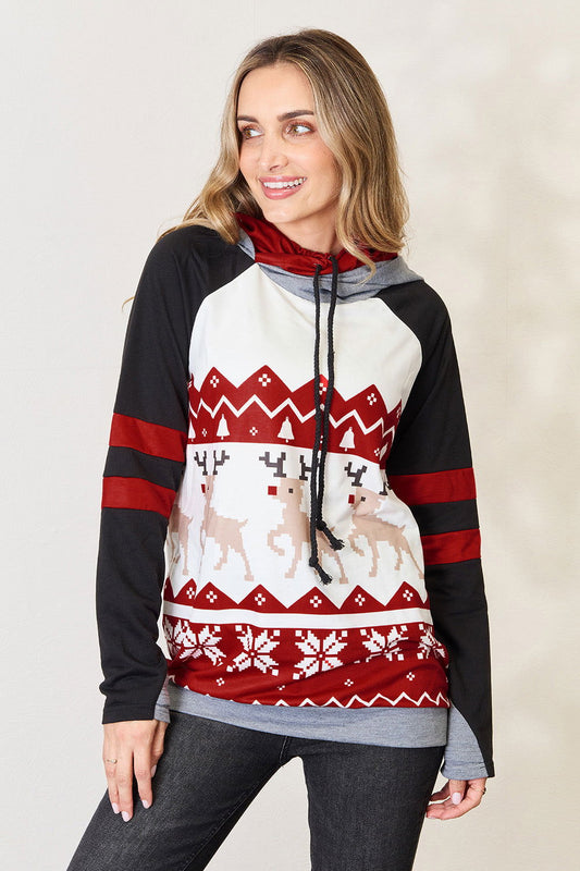 Double Take Full Size Christmas Drawstring Long Sleeve Hoodie us.meeeshop - Shirts & Tops