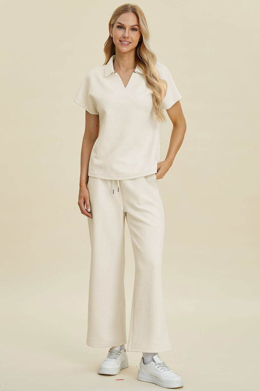 Double Take Full Size Collared Neck Short Sleeve Top and Pants Set - us.meeeshop