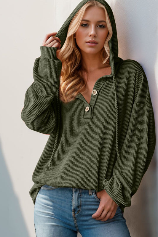 Double Take Full Size Half Button Long Sleeve Hoodie us.meeeshop - Shirts & Tops