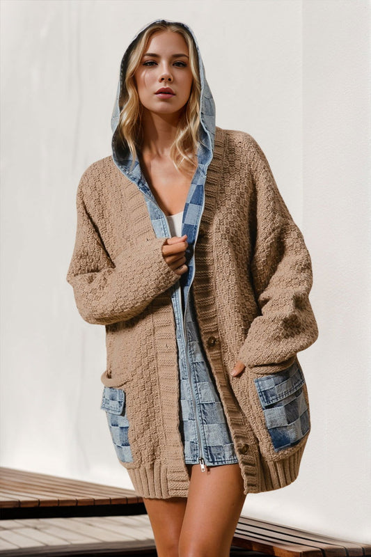 Double Take Full Size Hooded Denim Spliced Sweater Cardigan us.meeeshop - Shirts & Tops