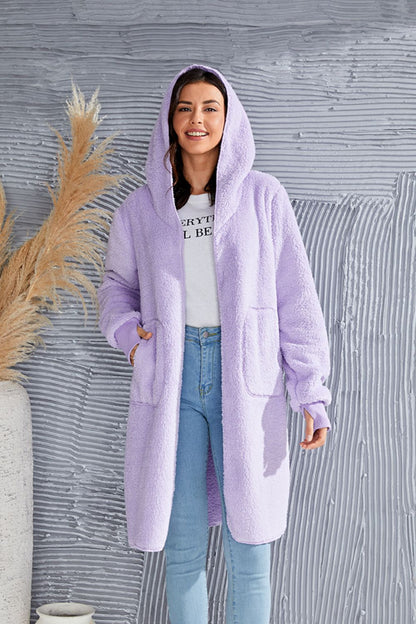 Double Take Full Size Hooded Teddy Bear Jacket with Thumbholes us.meeeshop - 