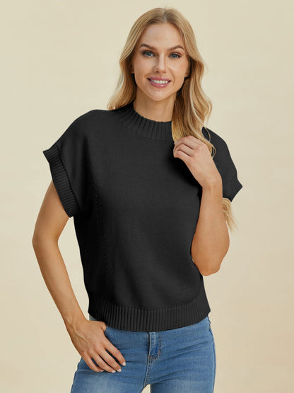 Double Take Full Size Mock Neck Short Sleeve Sweater us.meeeshop - 