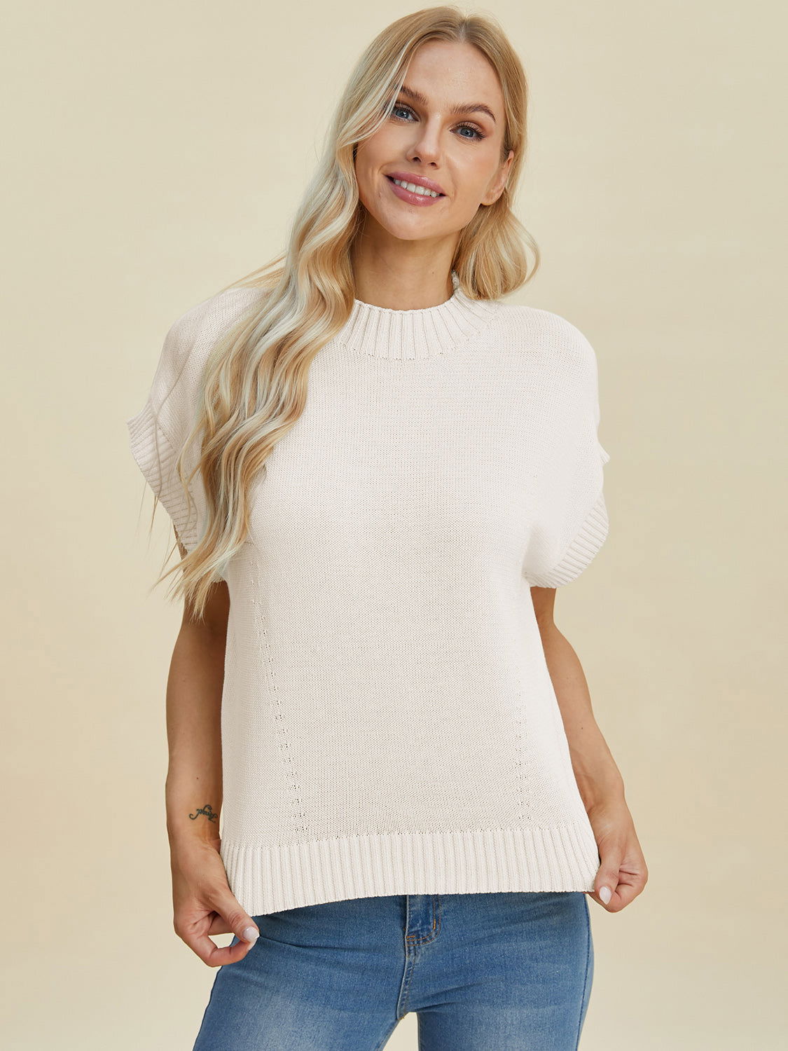 Double Take Full Size Mock Neck Short Sleeve Sweater us.meeeshop - 