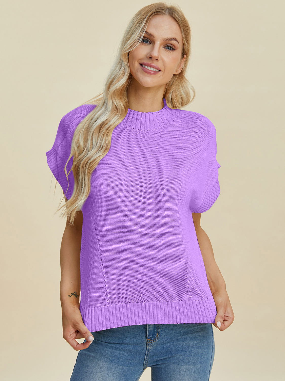 Double Take Full Size Mock Neck Short Sleeve Sweater us.meeeshop - 