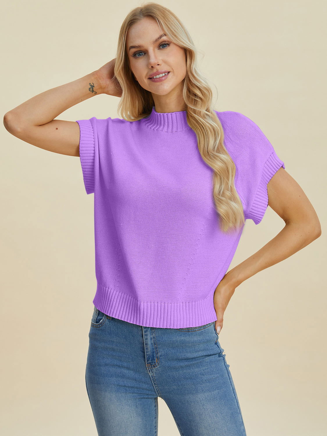 Double Take Full Size Mock Neck Short Sleeve Sweater us.meeeshop - 