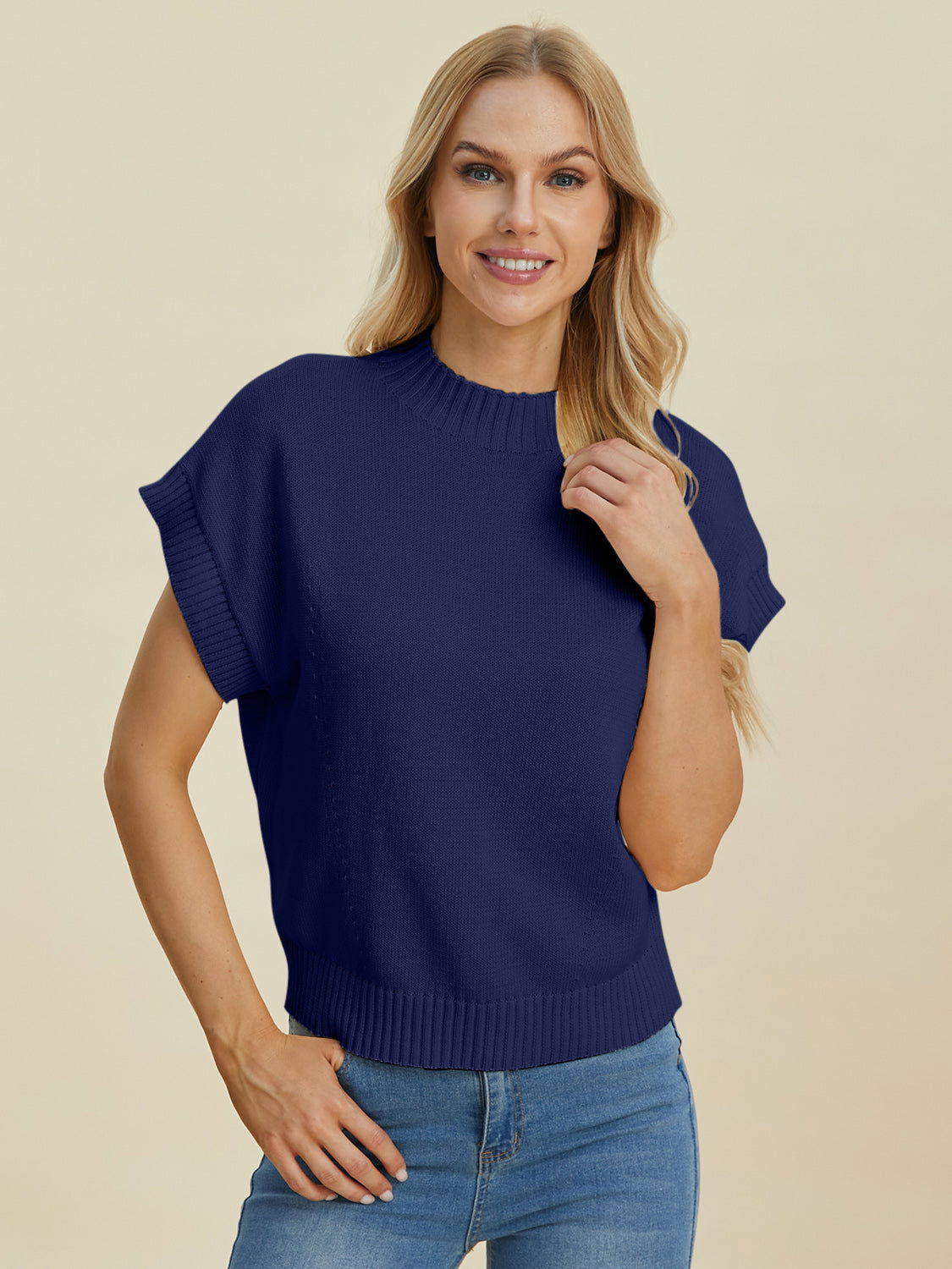 Double Take Full Size Mock Neck Short Sleeve Sweater us.meeeshop - Shirts & Tops