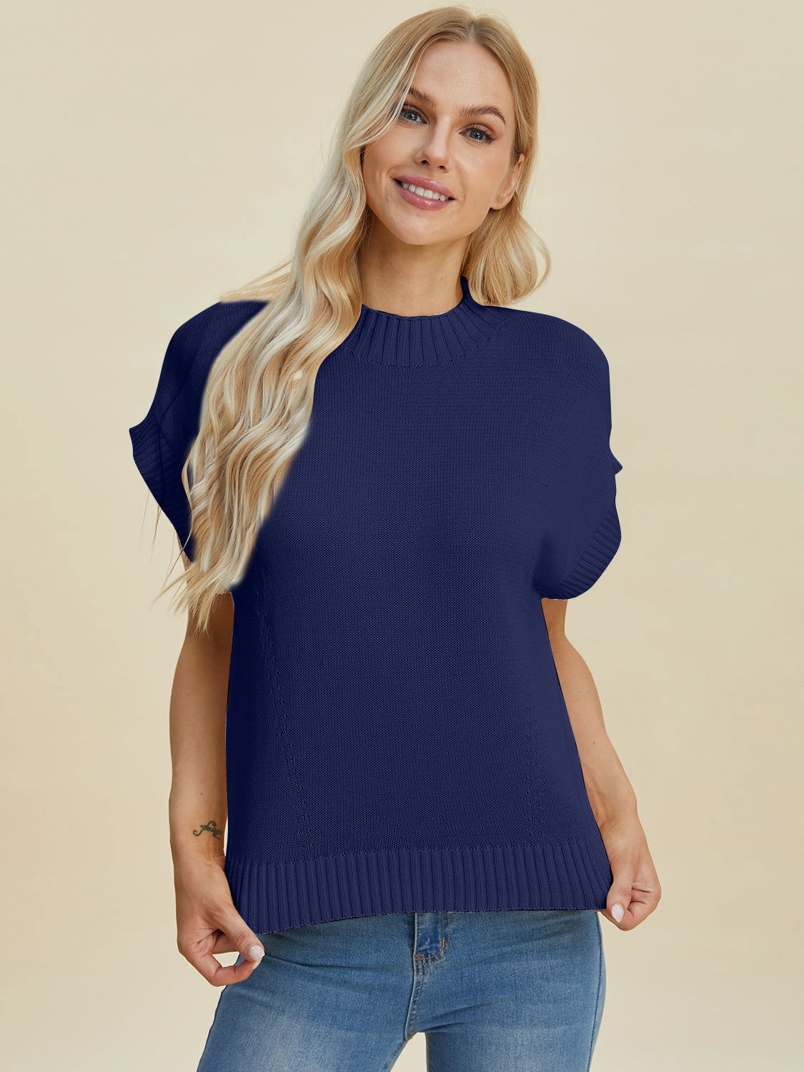 Double Take Full Size Mock Neck Short Sleeve Sweater us.meeeshop - 