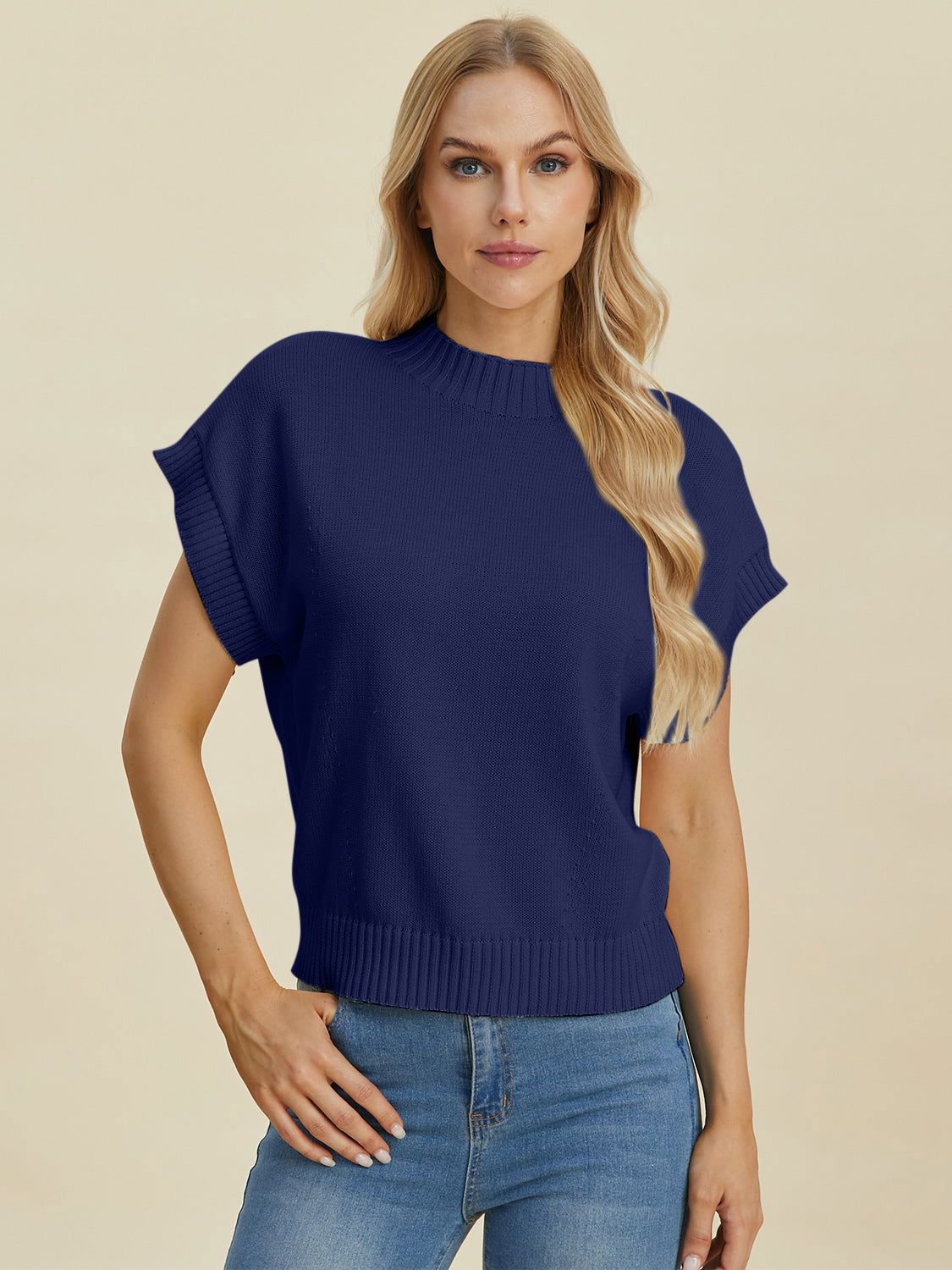 Double Take Full Size Mock Neck Short Sleeve Sweater us.meeeshop - 