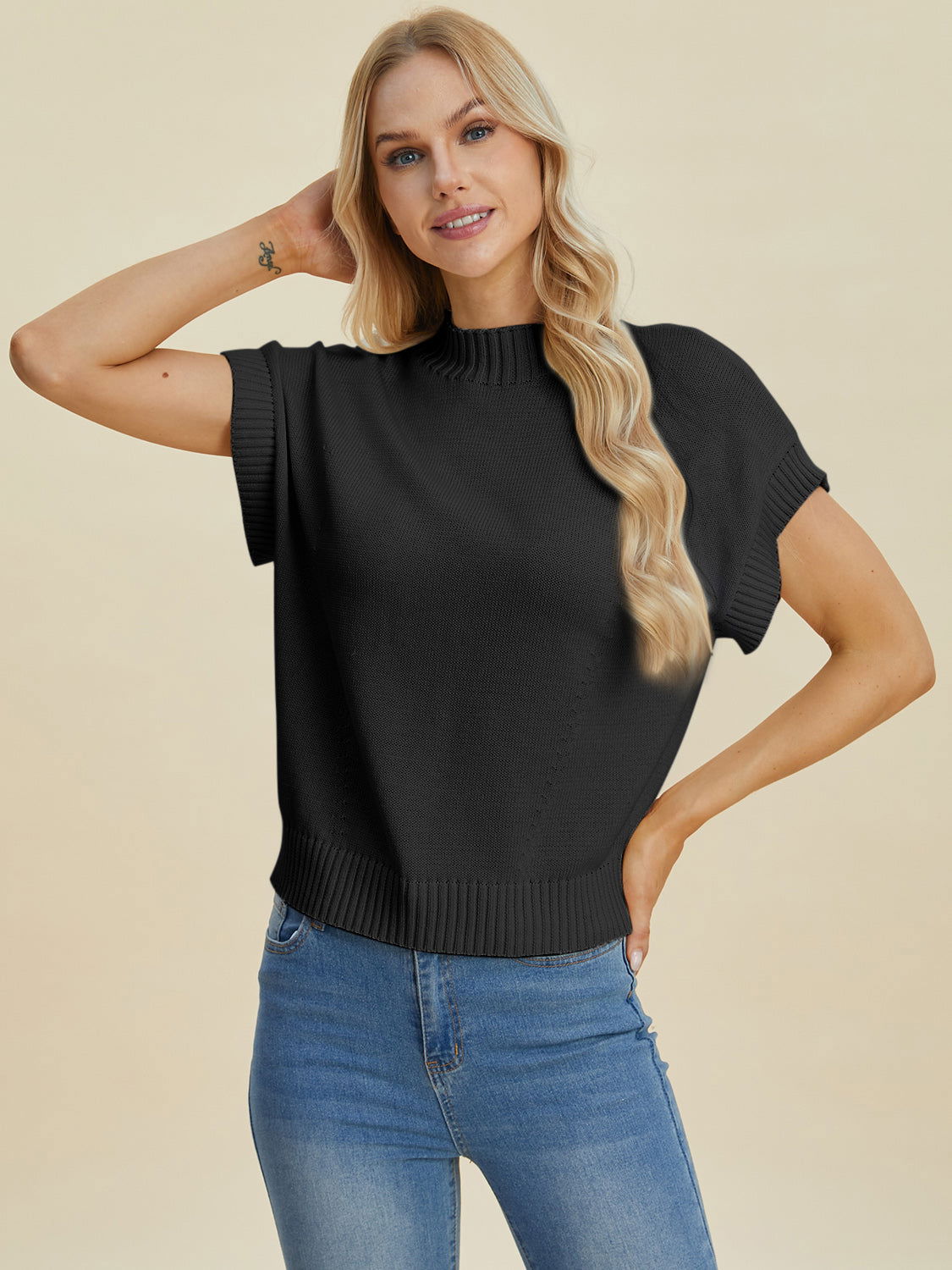 Double Take Full Size Mock Neck Short Sleeve Sweater us.meeeshop - 