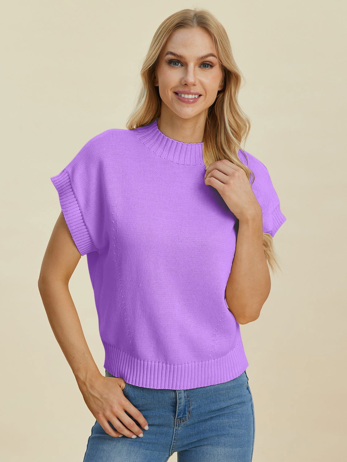 Double Take Full Size Mock Neck Short Sleeve Sweater us.meeeshop - 