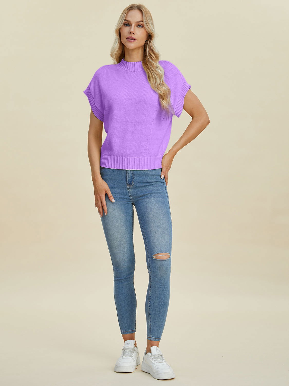 Double Take Full Size Mock Neck Short Sleeve Sweater us.meeeshop - 