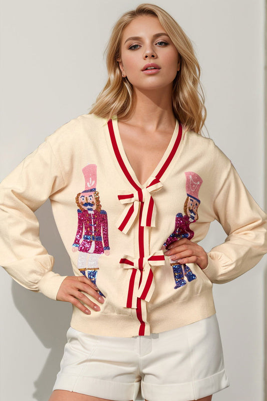 Double Take Full Size Nutcracker Sequin Bow Decor Cardigan us.meeeshop - Shirts & Tops