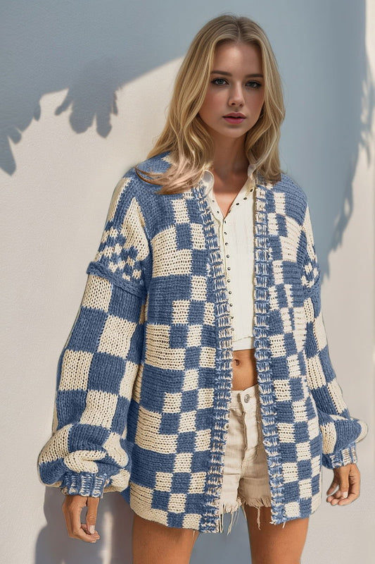 Double Take Full Size Open Front Checkered Drop Shoulder Cardigan us.meeeshop - Shirts & Tops