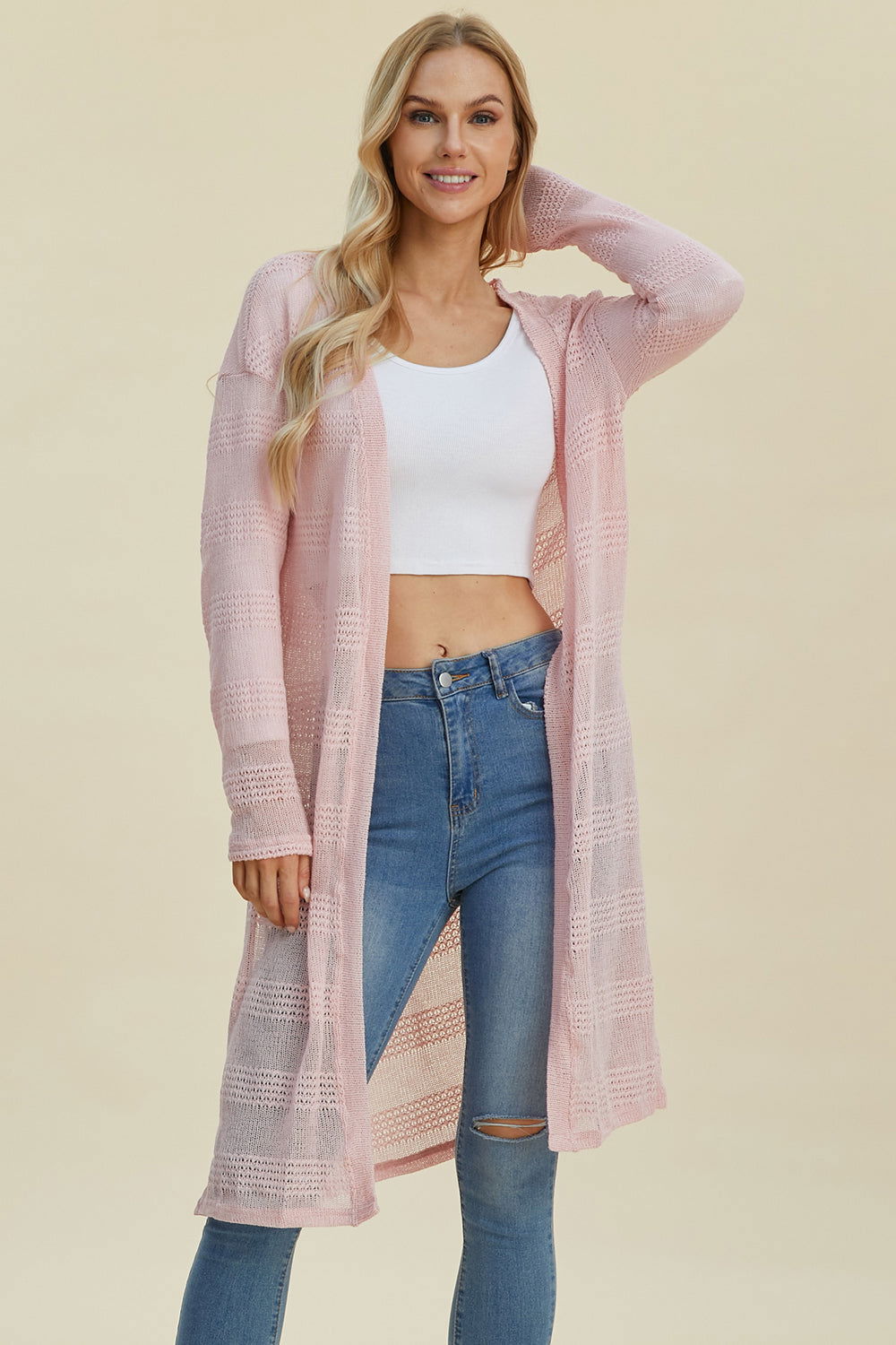 Double Take Full Size Open Front Longline Cardigan us.meeeshop - 