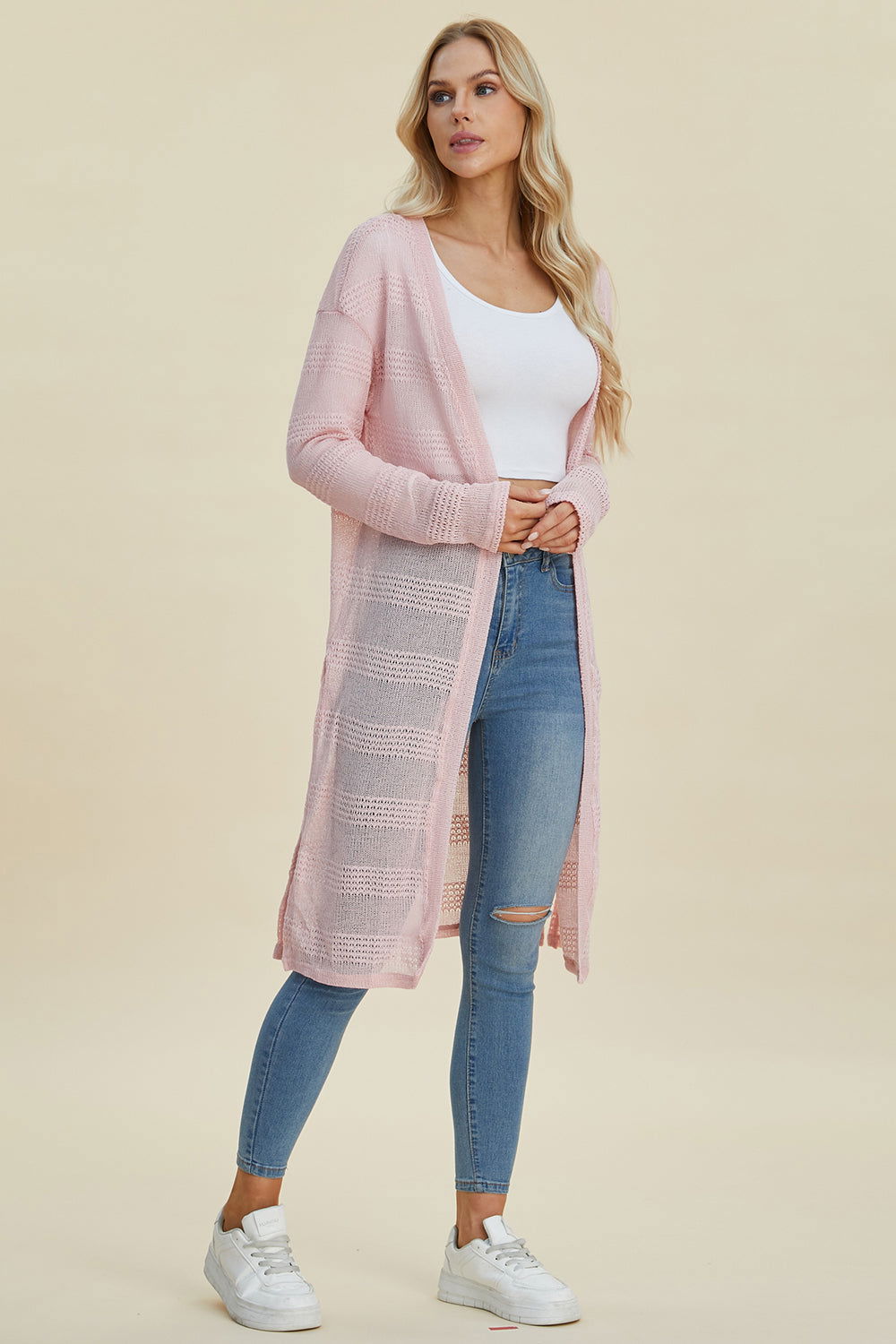 Double Take Full Size Open Front Longline Cardigan us.meeeshop - 