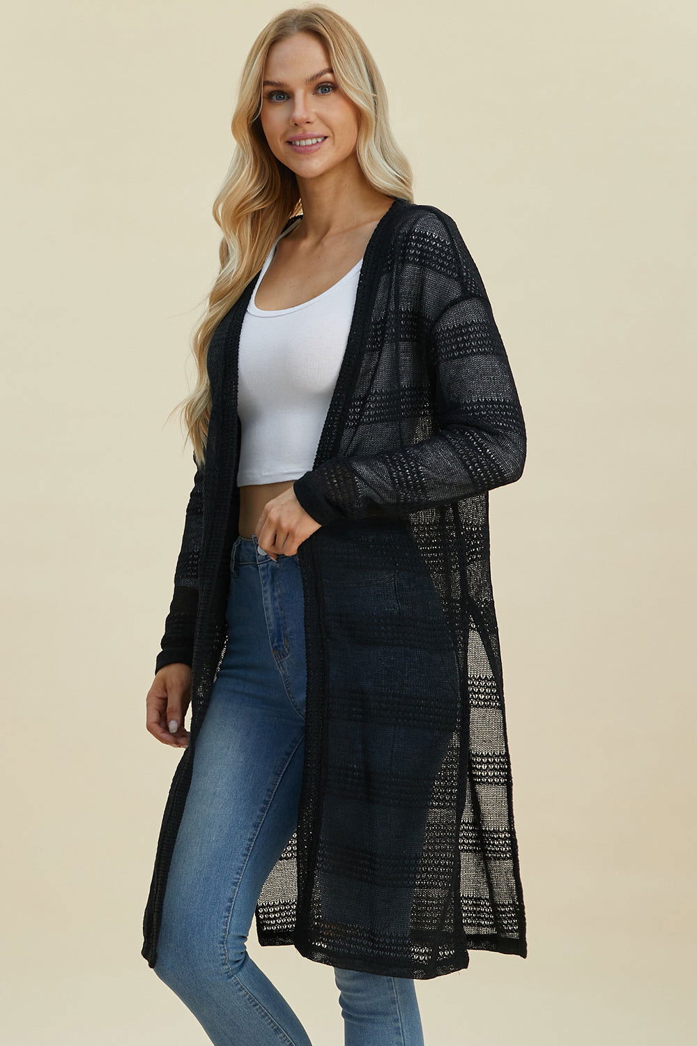 Double Take Full Size Open Front Longline Cardigan us.meeeshop - 