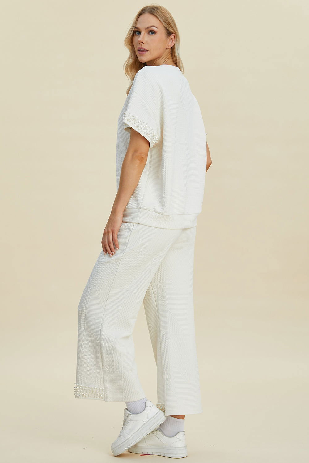 Double Take Full Size Pearl Detail Round Neck Top and Pants Set us.meeeshop - 