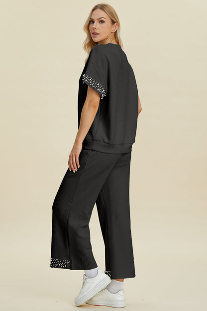 Double Take Full Size Pearl Detail Round Neck Top and Pants Set us.meeeshop - 