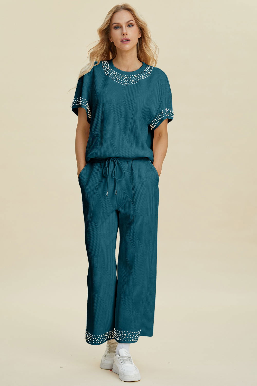 Double Take Full Size Pearl Detail Round Neck Top and Pants Set us.meeeshop - 