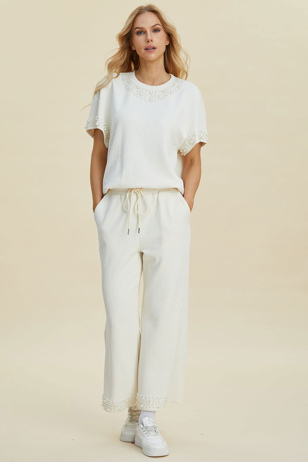 Double Take Full Size Pearl Detail Round Neck Top and Pants Set us.meeeshop - 