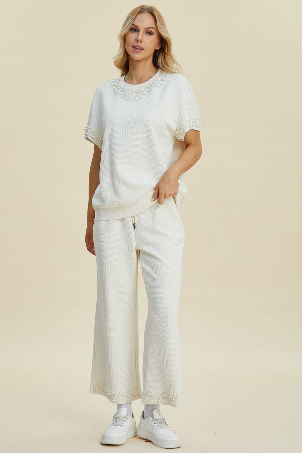 Double Take Full Size Pearl Detail Round Neck Top and Pants Set us.meeeshop - 