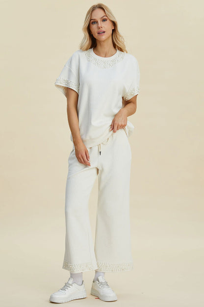 Double Take Full Size Pearl Detail Round Neck Top and Pants Set us.meeeshop - 