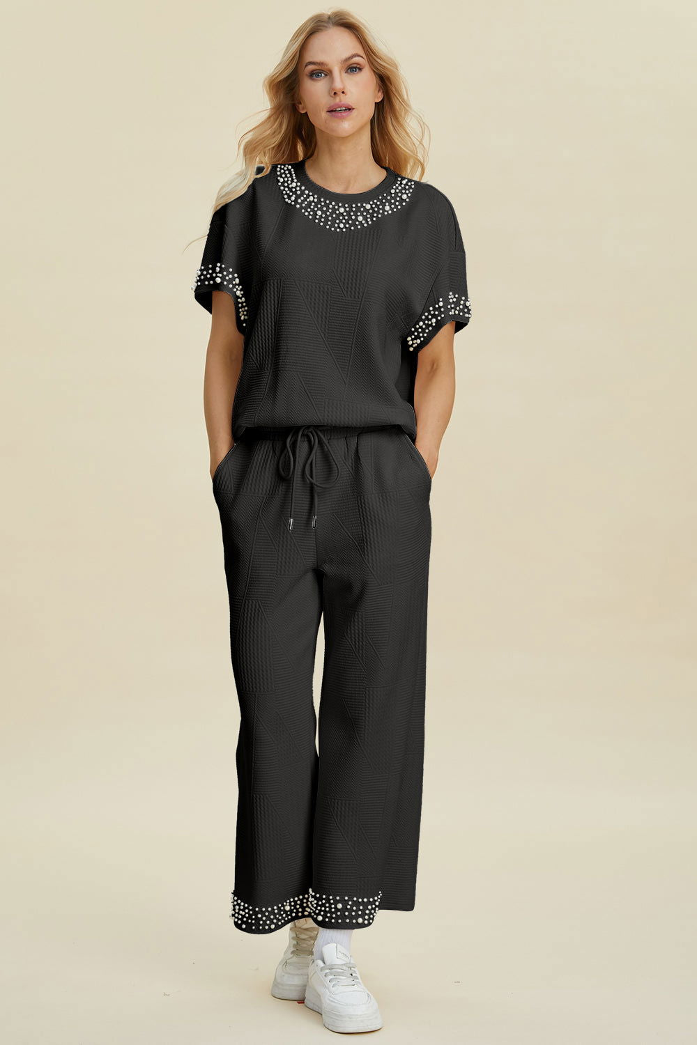 Double Take Full Size Pearl Detail Round Neck Top and Pants Set us.meeeshop - 