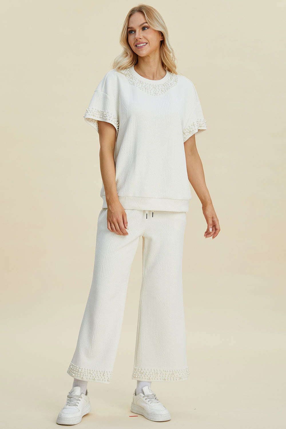 Double Take Full Size Pearl Detail Round Neck Top and Pants Set us.meeeshop - 