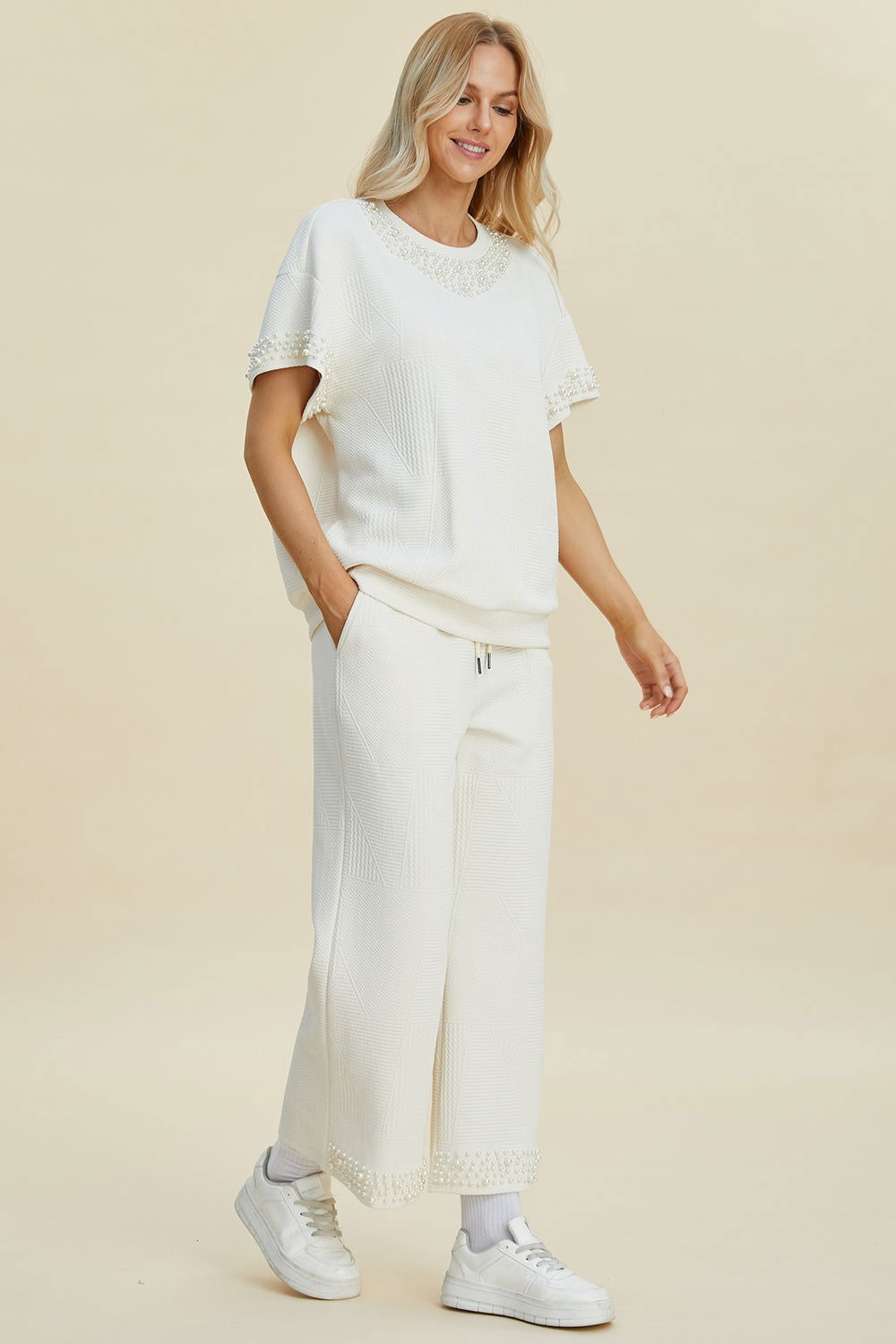 Double Take Full Size Pearl Detail Round Neck Top and Pants Set us.meeeshop - 