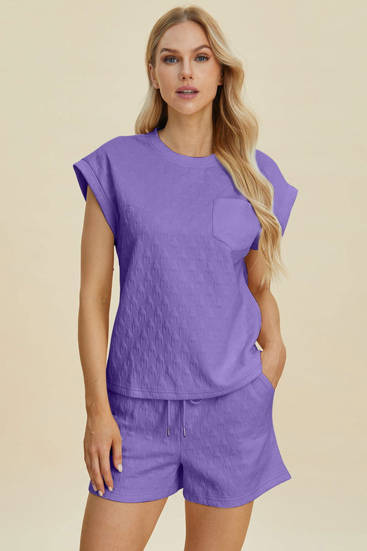 Double Take Full Size Pocketed Texture Round Neck Top and Shorts Set us.meeeshop - Loungewear